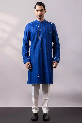 Royal blue embroidered chanderi silk kurta set