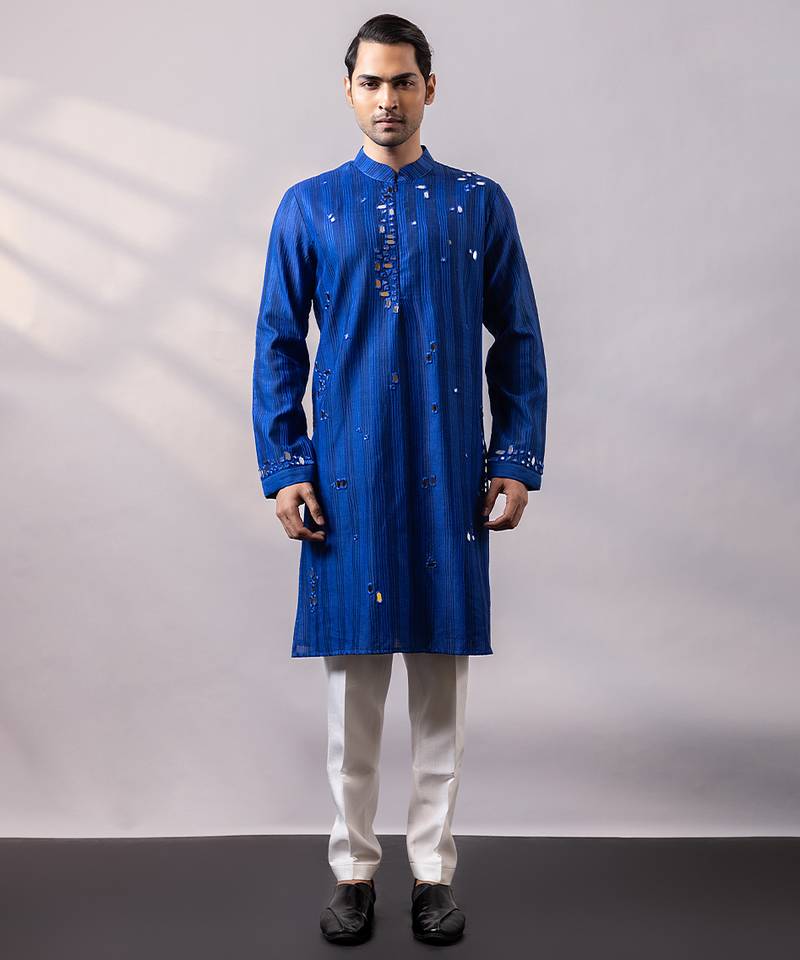 Royal blue embroidered chanderi silk kurta set
