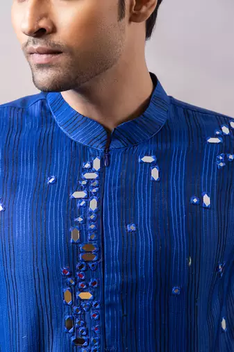 Royal blue embroidered chanderi silk kurta set