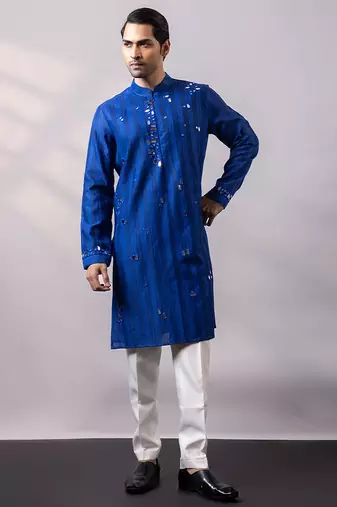 Royal blue embroidered chanderi silk kurta set