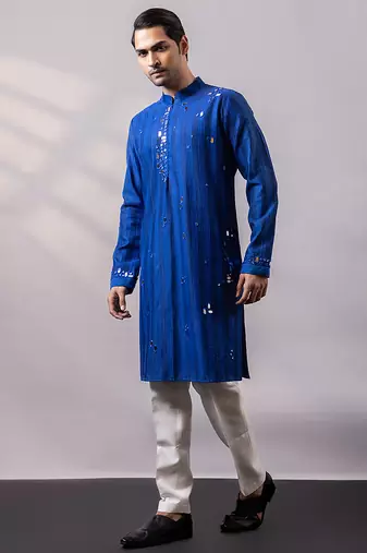 Royal blue embroidered chanderi silk kurta set