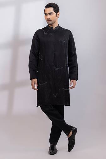 Black embroidered linen satin kurta set