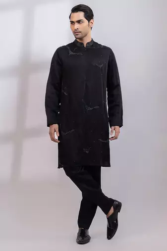 Black embroidered linen satin kurta set