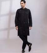 Black embroidered linen satin kurta set