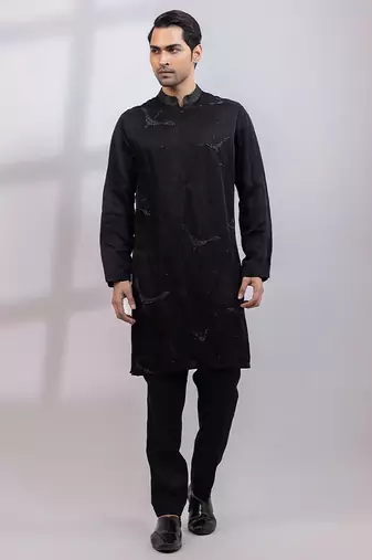 Black embroidered linen satin kurta set