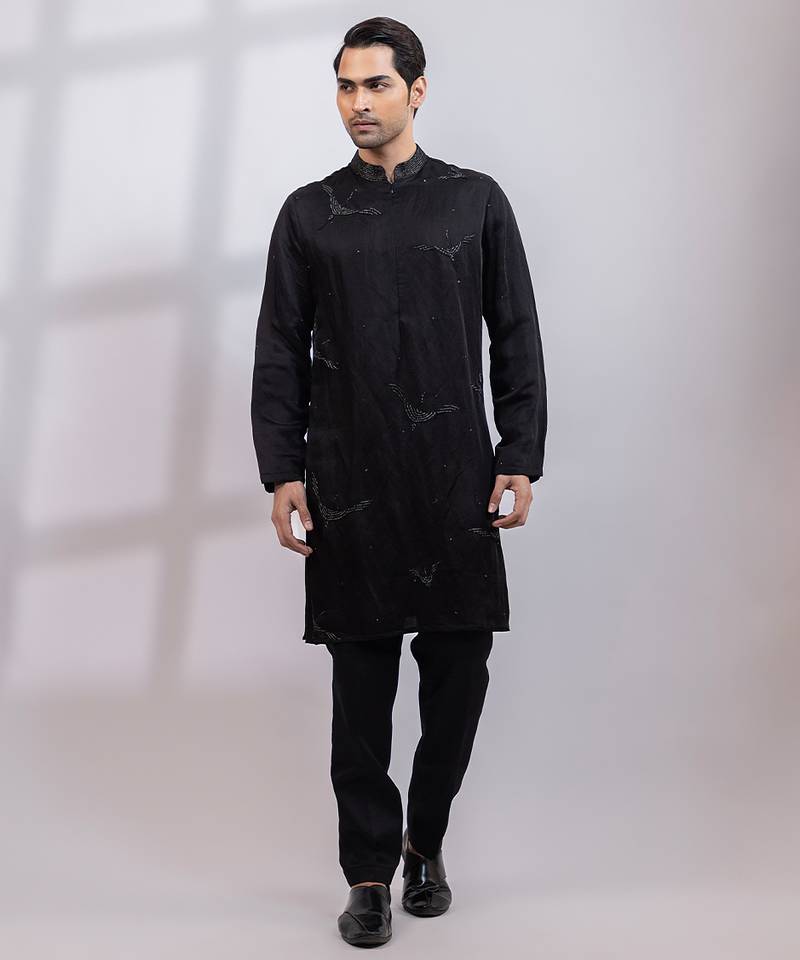 Black embroidered linen satin kurta set