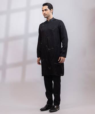 Black embroidered linen satin kurta set 3