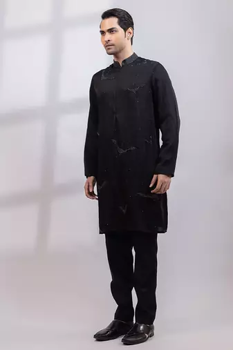 Black embroidered linen satin kurta set