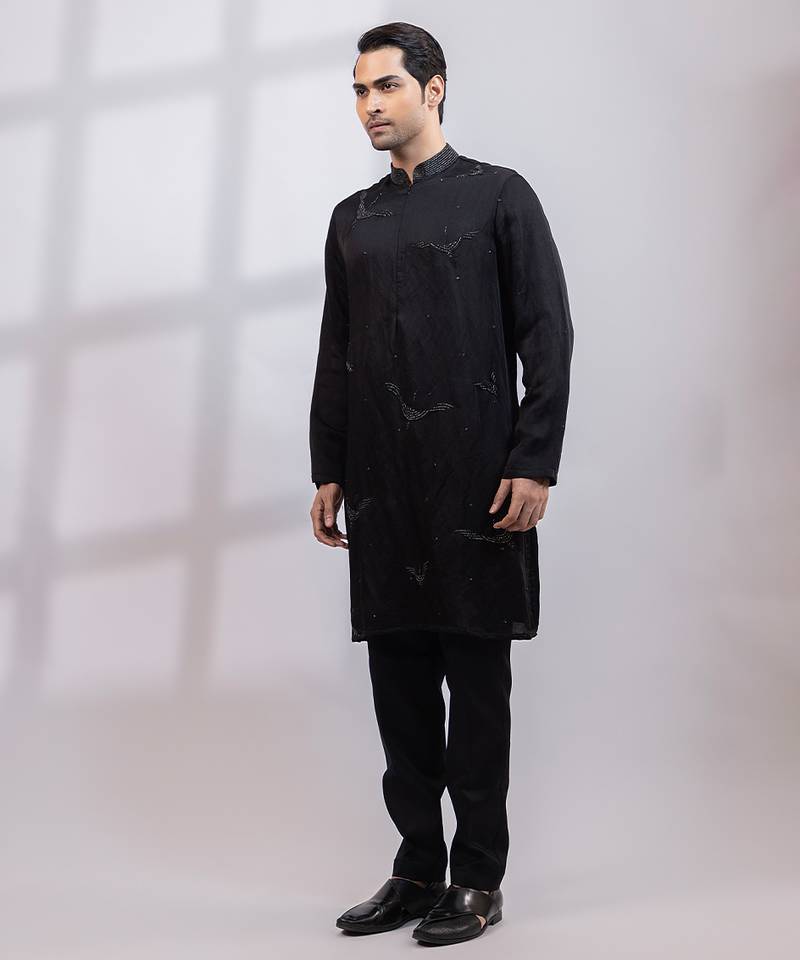Black embroidered linen satin kurta set