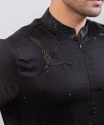 Black embroidered linen satin kurta set 4