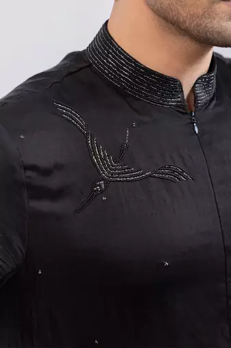 Black embroidered linen satin kurta set