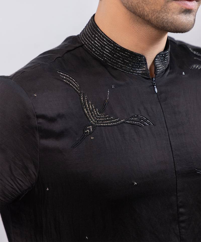 Black embroidered linen satin kurta set