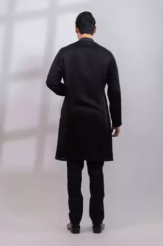 Black embroidered linen satin kurta set