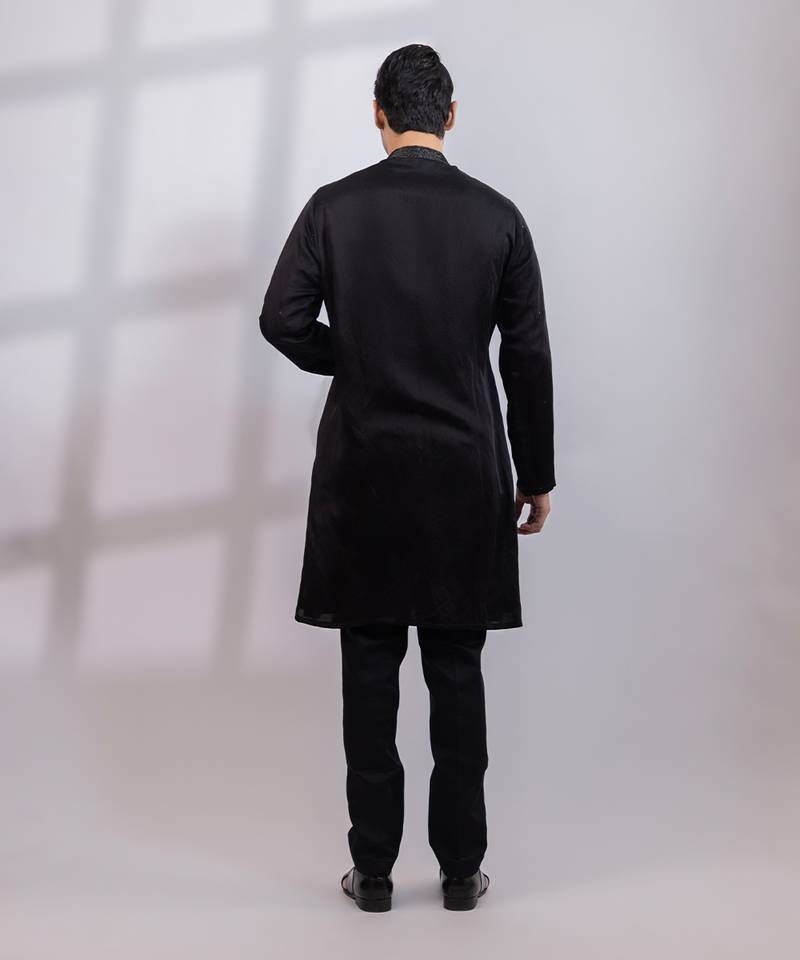 Black embroidered linen satin kurta set