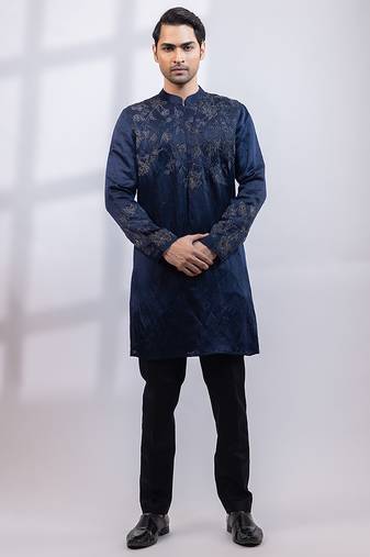 Navy blue embroidered linen satin kurta set