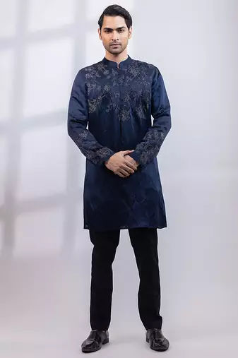 Navy blue embroidered linen satin kurta set