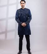 Navy blue embroidered linen satin kurta set