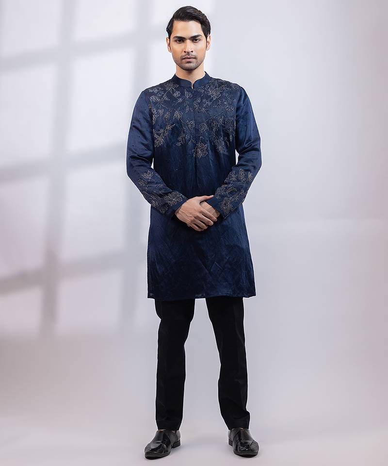 Navy blue embroidered linen satin kurta set