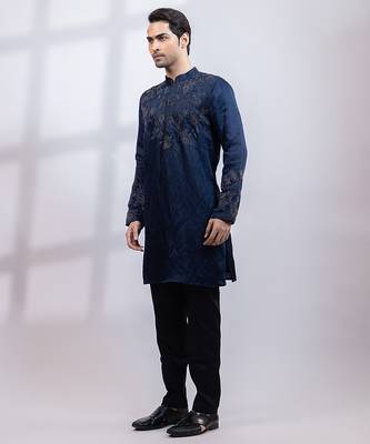 Navy blue embroidered linen satin kurta set 2