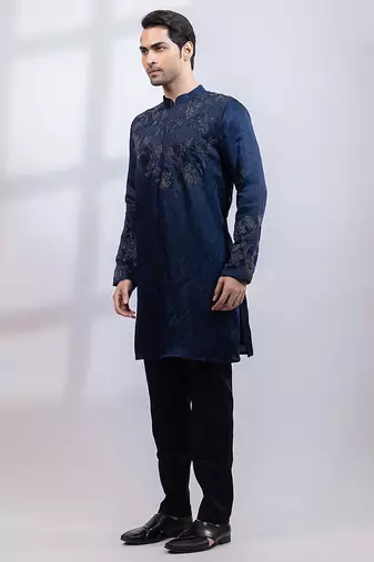 Navy blue embroidered linen satin kurta set