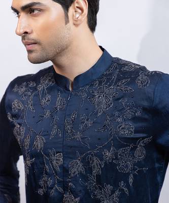 Navy blue embroidered linen satin kurta set 3