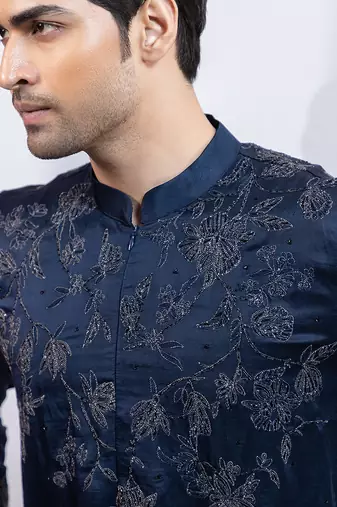 Navy blue embroidered linen satin kurta set