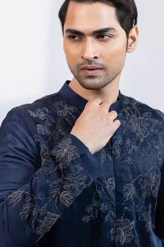Navy blue embroidered linen satin kurta set