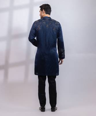 Navy blue embroidered linen satin kurta set 5