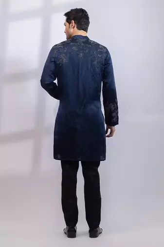 Navy blue embroidered linen satin kurta set