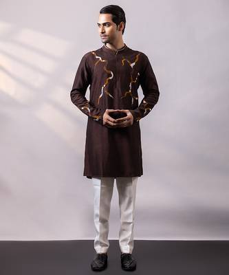 Chocolate brown embroidered silk kurta set 1
