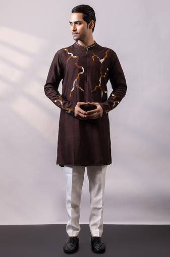 Chocolate brown embroidered silk kurta set