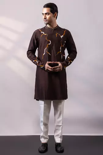 Chocolate brown embroidered silk kurta set