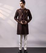 Chocolate brown embroidered silk kurta set