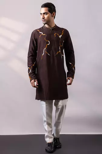 Chocolate brown embroidered silk kurta set
