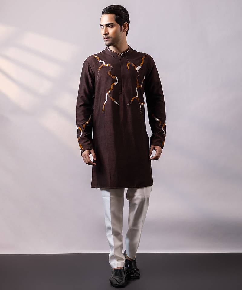Chocolate brown embroidered silk kurta set