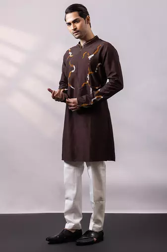 Chocolate brown embroidered silk kurta set