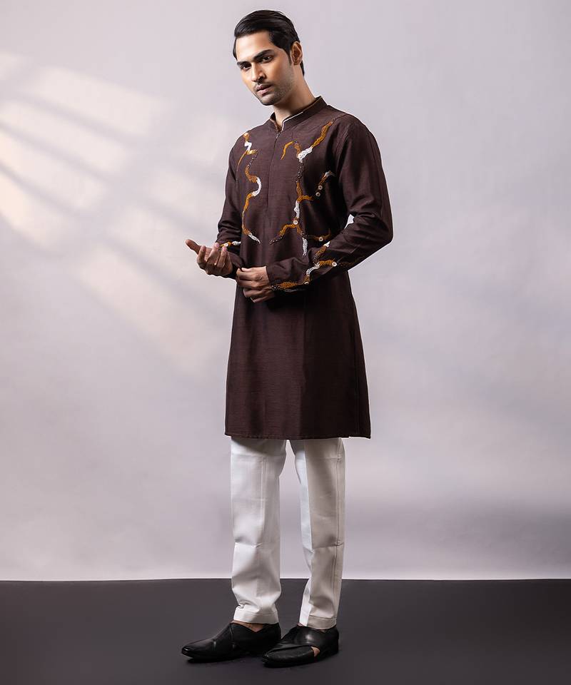 Chocolate brown embroidered silk kurta set