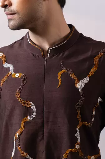 Chocolate brown embroidered silk kurta set