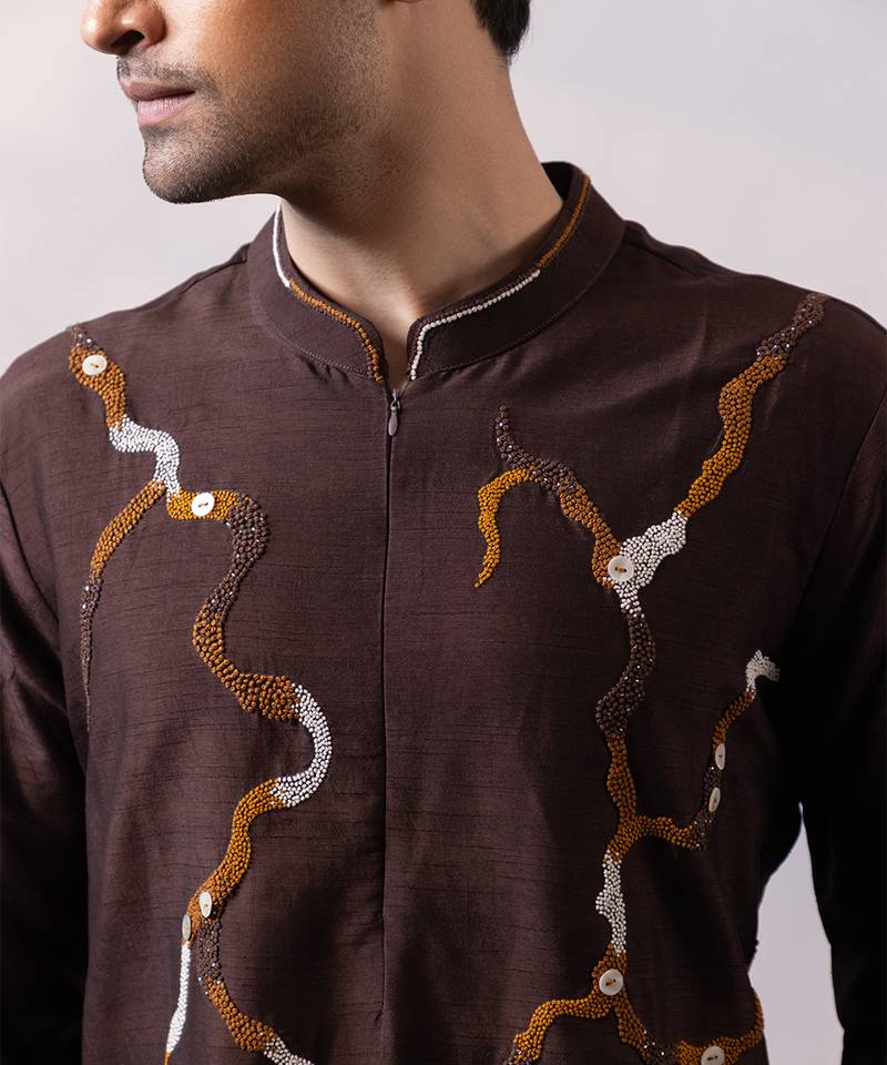 Chocolate brown embroidered silk kurta set