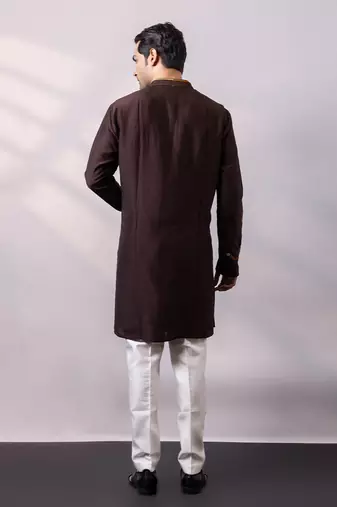 Chocolate brown embroidered silk kurta set