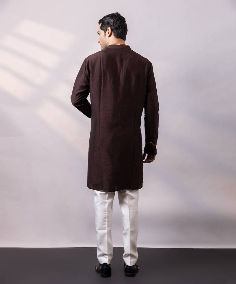 Chocolate brown embroidered silk kurta set