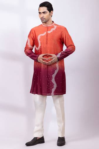 Orange ombre embroidered chanderi silk kurta set