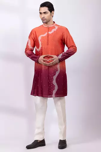 Orange ombre embroidered chanderi silk kurta set