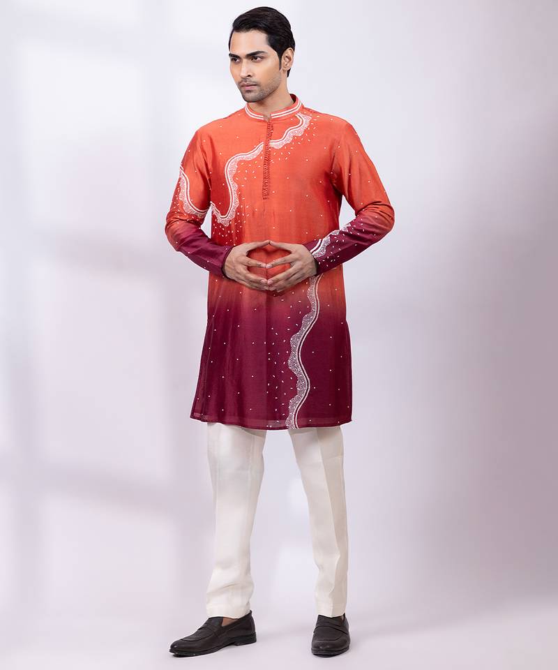 Orange ombre embroidered chanderi silk kurta set