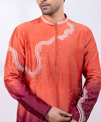 Orange ombre embroidered chanderi silk kurta set 2