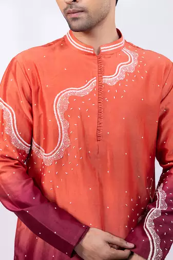 Orange ombre embroidered chanderi silk kurta set