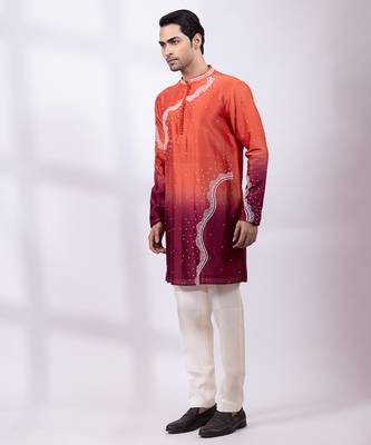 Orange ombre embroidered chanderi silk kurta set 3