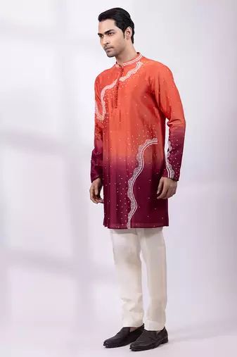 Orange ombre embroidered chanderi silk kurta set