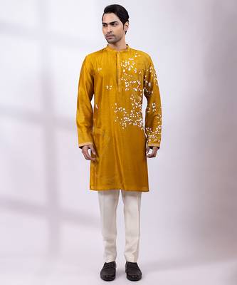 Mustard yellow embroidered chanderi silk kurta set 1
