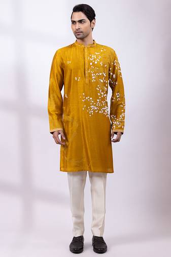 Mustard yellow embroidered chanderi silk kurta set